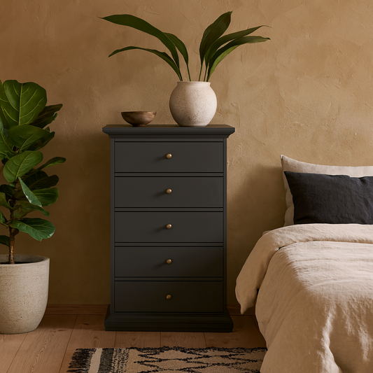 Osaka Tall Dark Farmhouse Grey Wooden Chest 5 Drawers