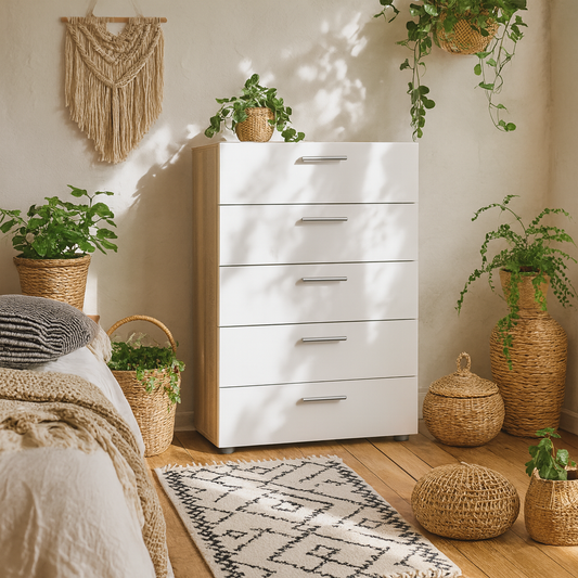 Daejeon White and Natural Oak Effect Wood Chest 5 Drawers