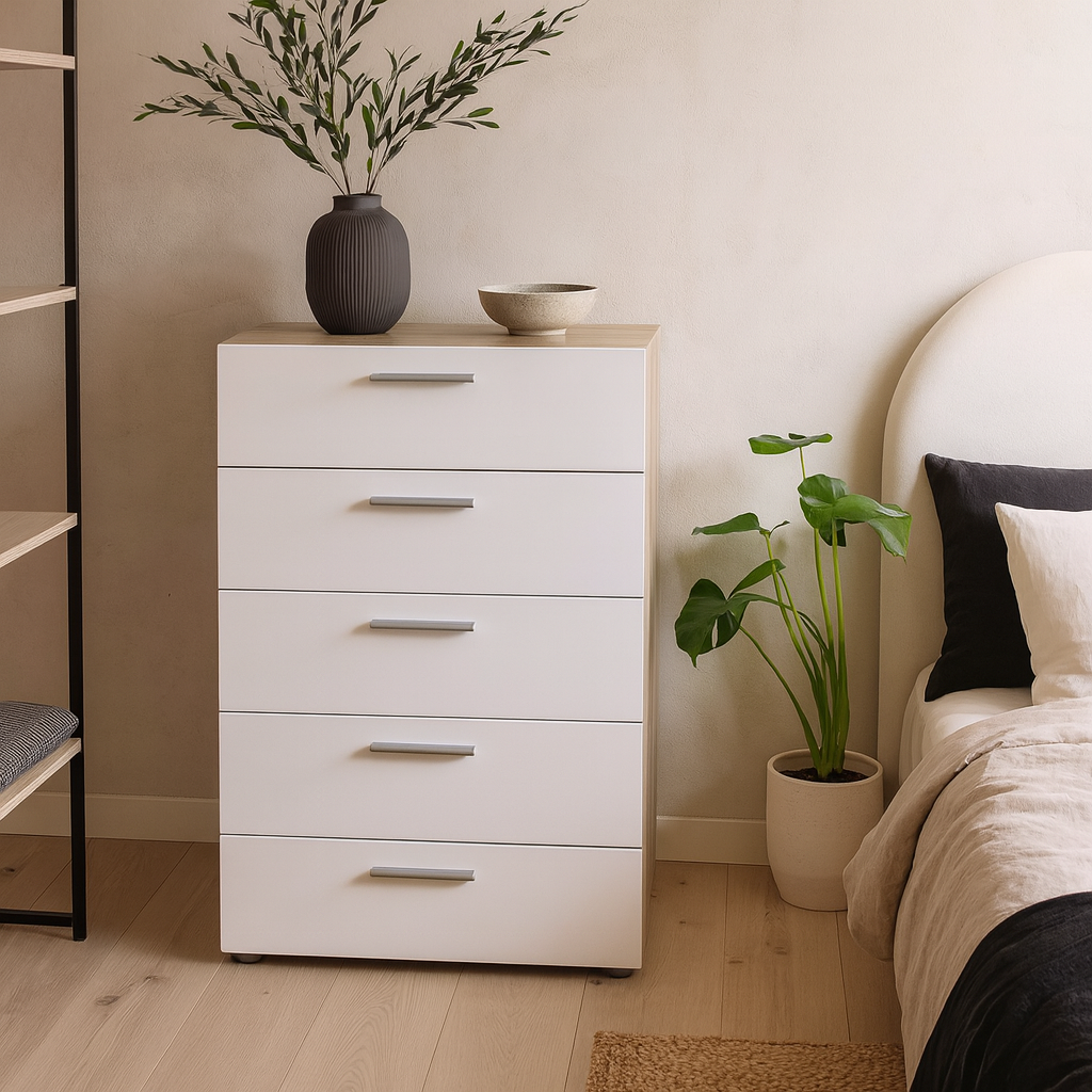 Daejeon White and Natural Oak Effect Wood Chest 5 Drawers