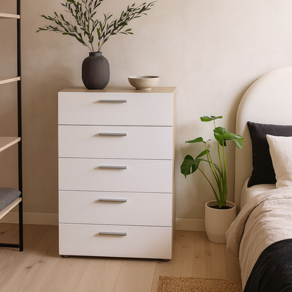 Daejeon White and Natural Oak Effect Wood Chest 5 Drawers