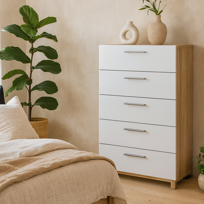 Daejeon White and Natural Oak Effect Wood Chest 5 Drawers
