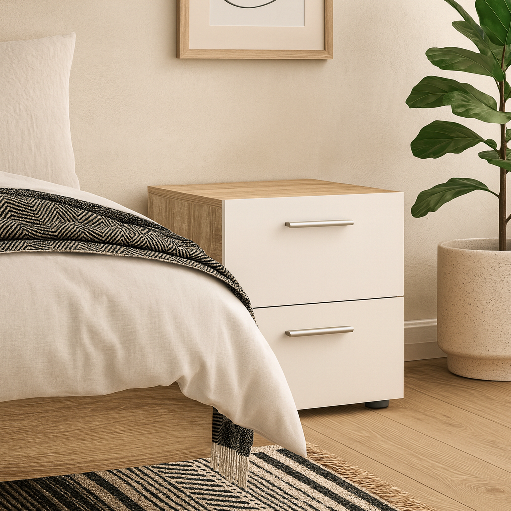 Daejeon White and Natural Oak Effect Wood Bedside Table 2 Drawers