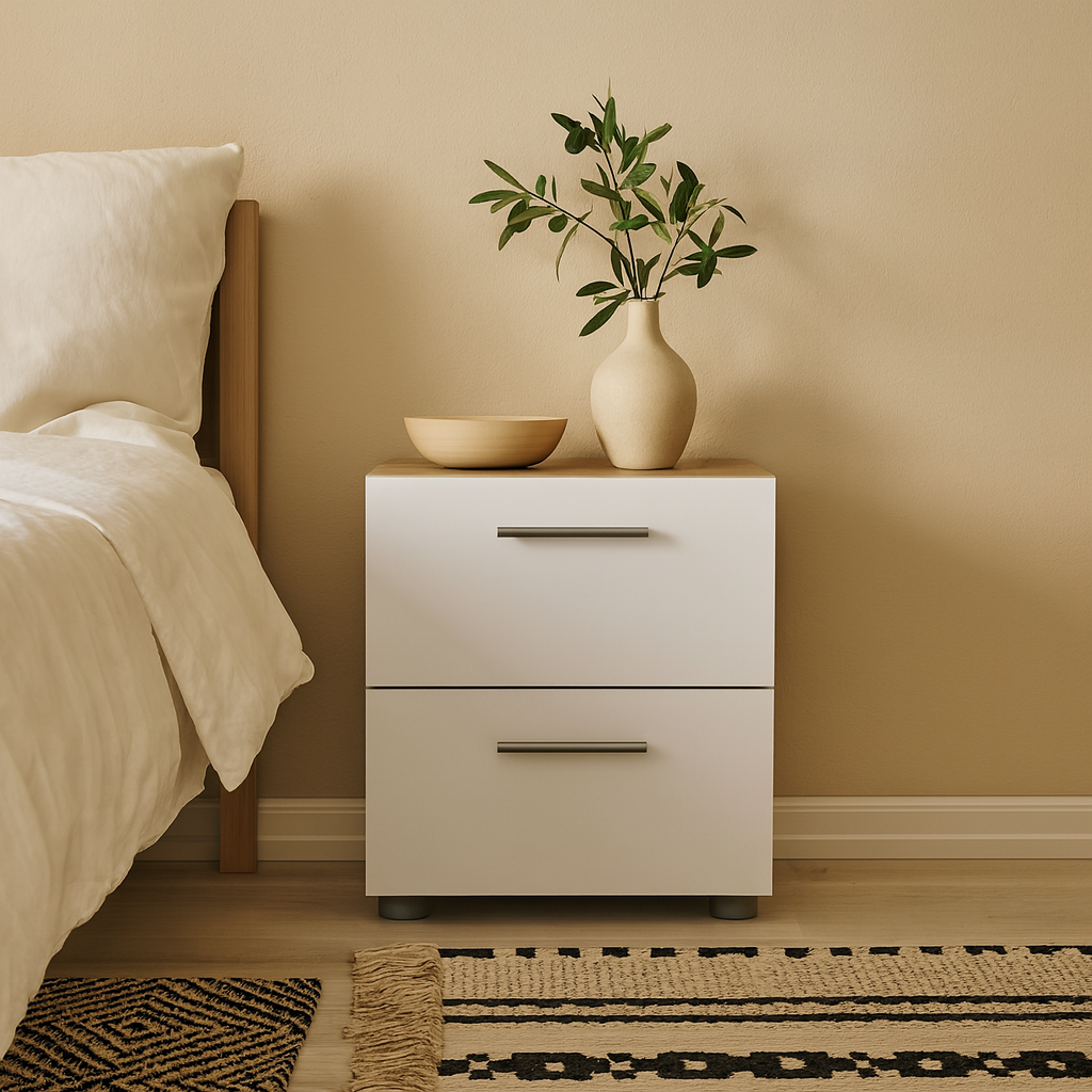 Daejeon White and Natural Oak Effect Wood Bedside Table 2 Drawers