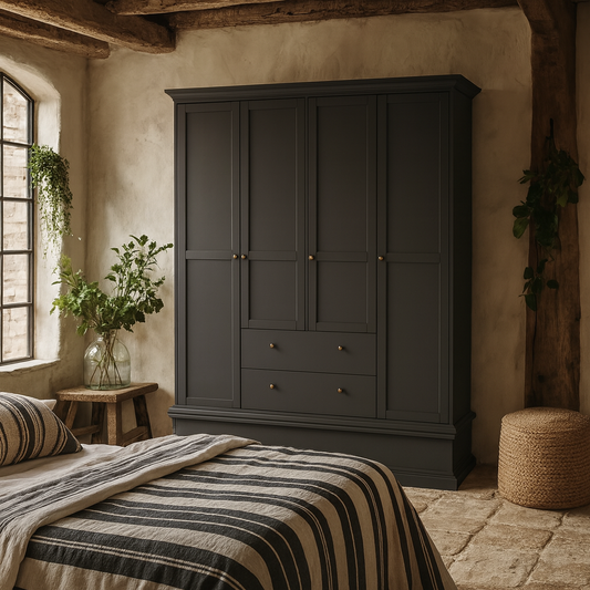 Osaka Farmhouse Dark Grey Wooden Wardrobe 4 Doors 2 Drawers