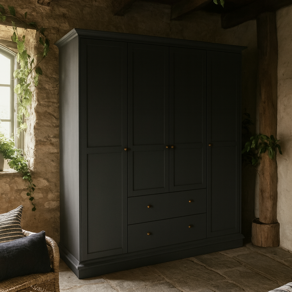 Osaka Farmhouse Dark Grey Wooden Wardrobe 4 Doors 2 Drawers