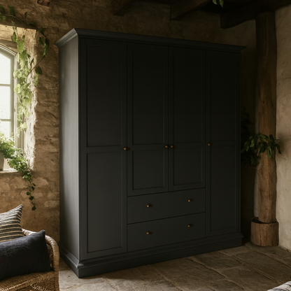 Osaka Farmhouse Dark Grey Wooden Wardrobe 4 Doors 2 Drawers