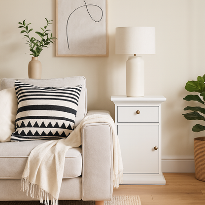 Osaka Farmhouse White Wooden Bedside Table 1 Door 1 Drawer