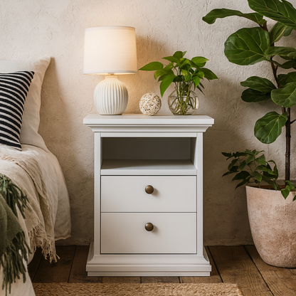 Osaka Farmhouse White Wooden Bedside Table 2 Drawers 1 Open Shelf
