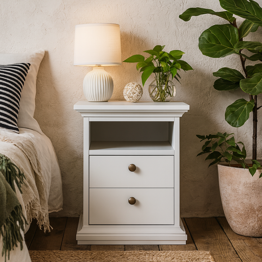 Osaka Farmhouse White Wooden Bedside Table 2 Drawers 1 Open Shelf