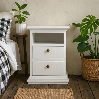 Osaka Farmhouse White Wooden Bedside Table 2 Drawers 1 Open Shelf