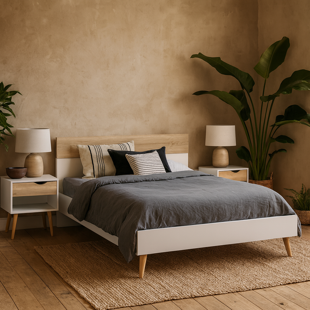 Set of 2 Sapporo White and Natural Oak Effect Bedside Tables 1 Drawer