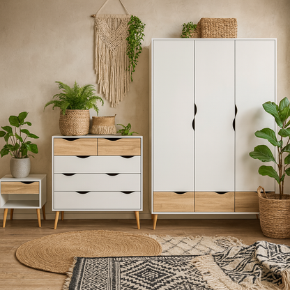 Sapporo 3 Piece Large Bedroom Furniture Set White and Natural Oak Effect Wood