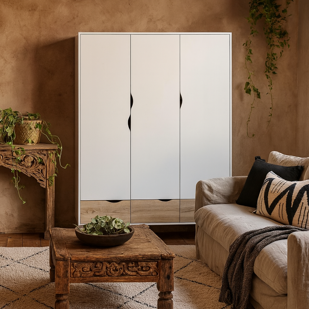 Sapporo White and Natural Oak Effect Wardrobe 3 Doors 3 Drawers