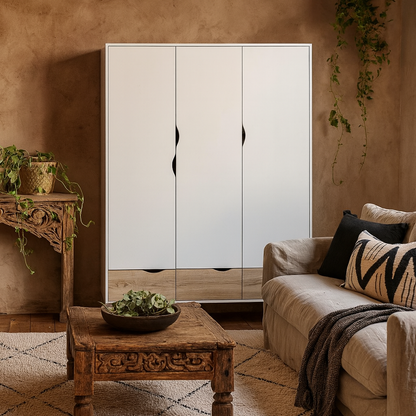 Sapporo White and Natural Oak Effect Wardrobe 3 Doors 3 Drawers