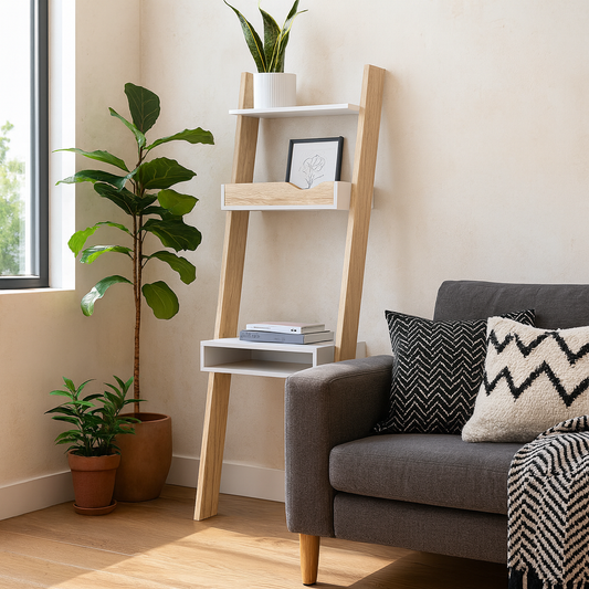 Sapporo White and Natural Oak Leaning Desk with Shelves