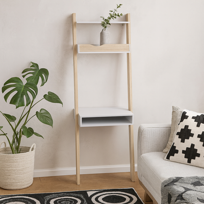 Sapporo White and Natural Oak Leaning Desk with Shelves