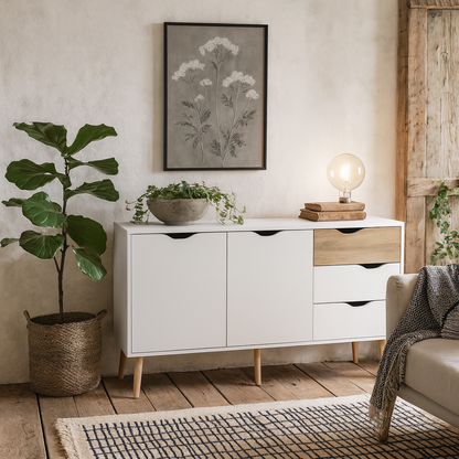 Sapporo White and Natural Oak Wood Large Sideboard 3 Drawers 2 Doors