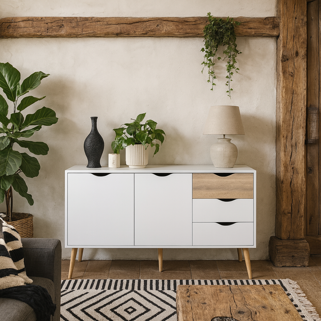 Sapporo White and Natural Oak Wood Large Sideboard 3 Drawers 2 Doors