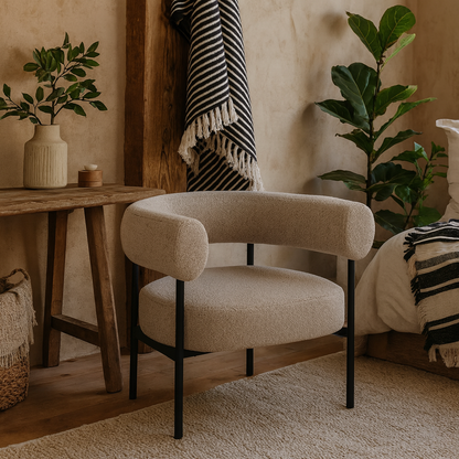 Ostrava Beige Boucle Lounge Chair Black Metal Legs