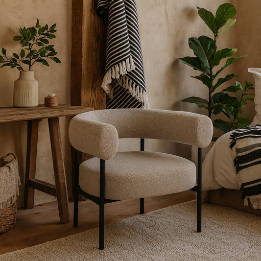 Ostrava Beige Boucle Lounge Chair Black Metal Legs