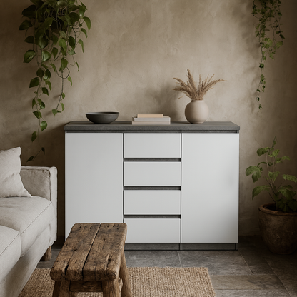 Budapest Concrete Effect and White Wooden Sideboard 4 Drawers 2 Doors