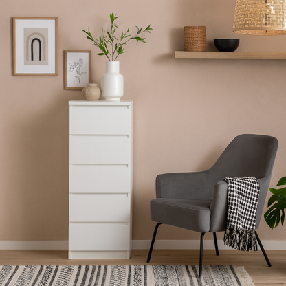 Budapest White Wood Narrow Chest 5 Drawers