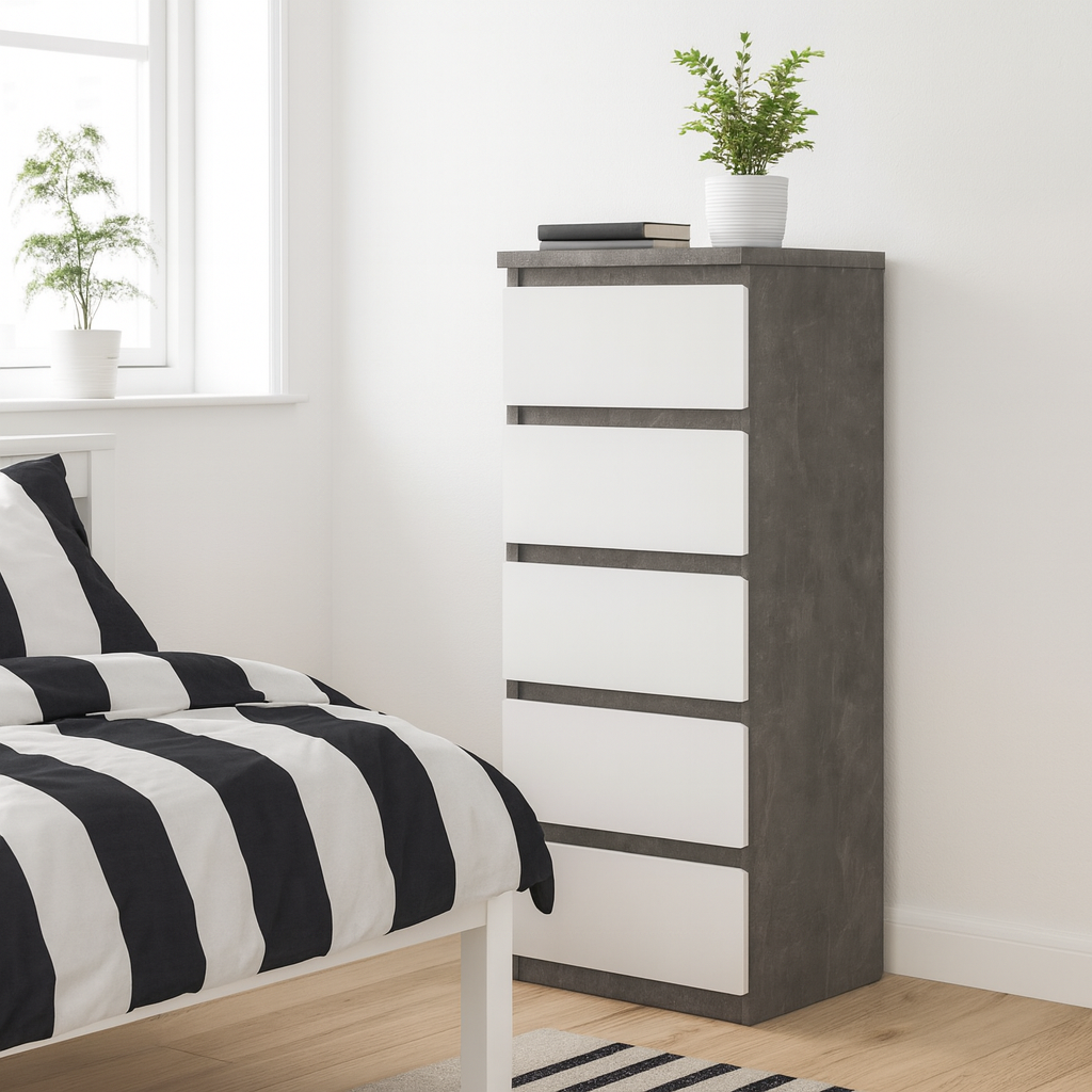 Budapest Concrete Effect and White Wood Narrow Chest 5 Drawers