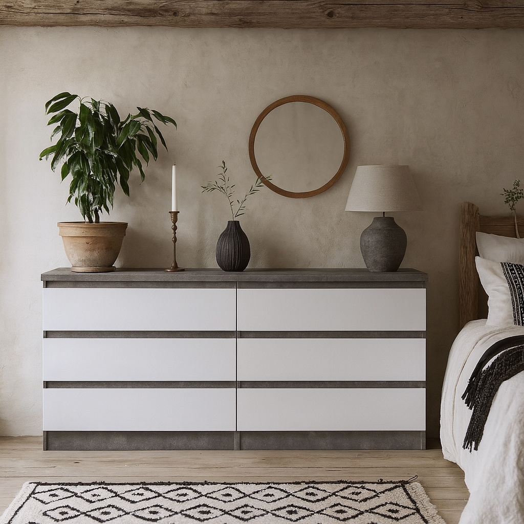 Budapest Concrete Effect and White Wooden Wide Chest 6 Drawers