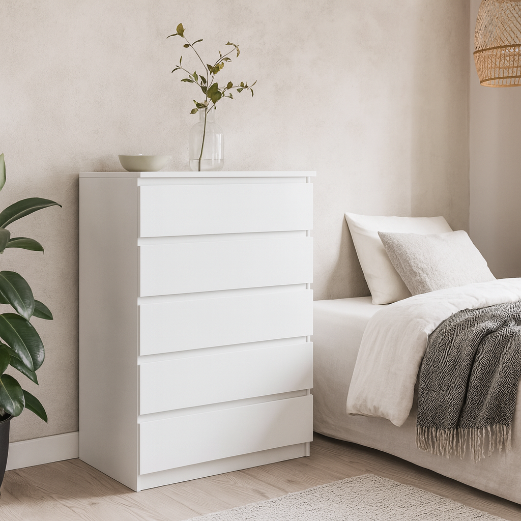 Budapest Tall White Wooden Chest 5 Drawers
