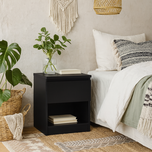 Budapest Matt Black Wood Bedside Table 1 Drawer 1 Shelf