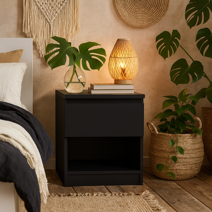 Budapest Matt Black Wood Bedside Table 1 Drawer 1 Shelf