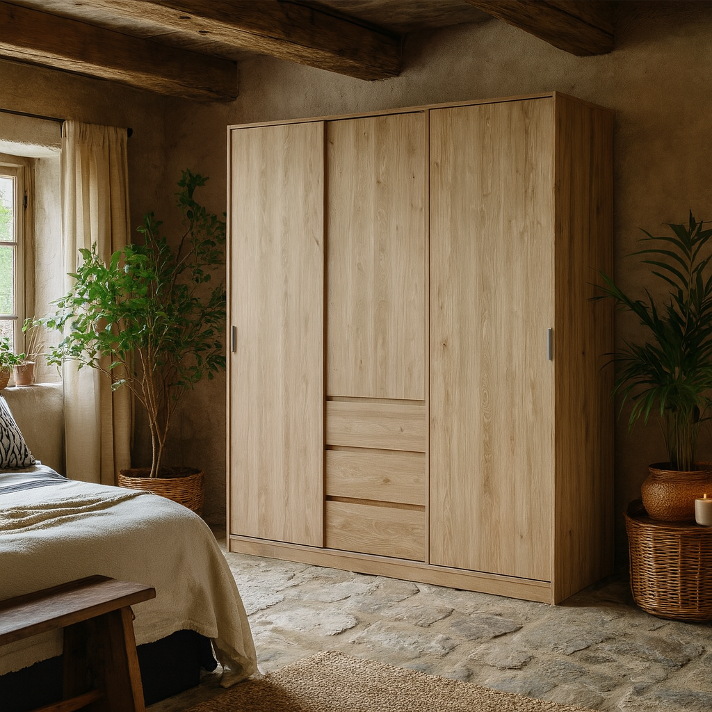 Budapest Natural Oak Effect Wood Wardrobe 3 Doors 3 Drawers