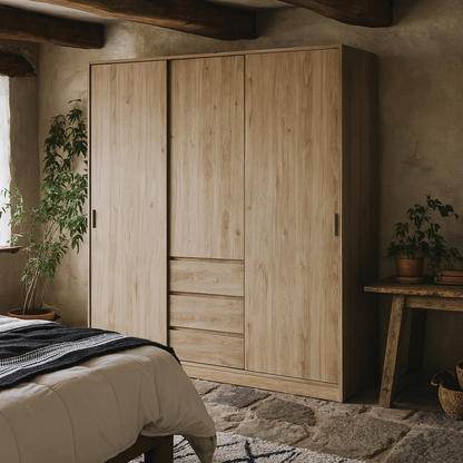 Budapest Natural Oak Effect Wood Wardrobe 3 Doors 3 Drawers