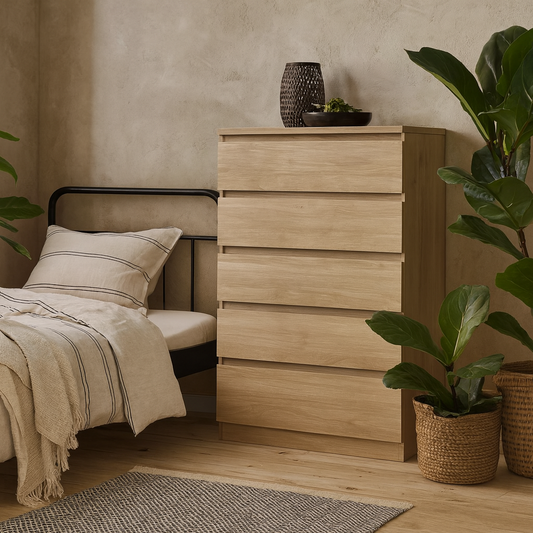 Budapest Tall Natural Oak Effect Wooden Chest 5 Drawers