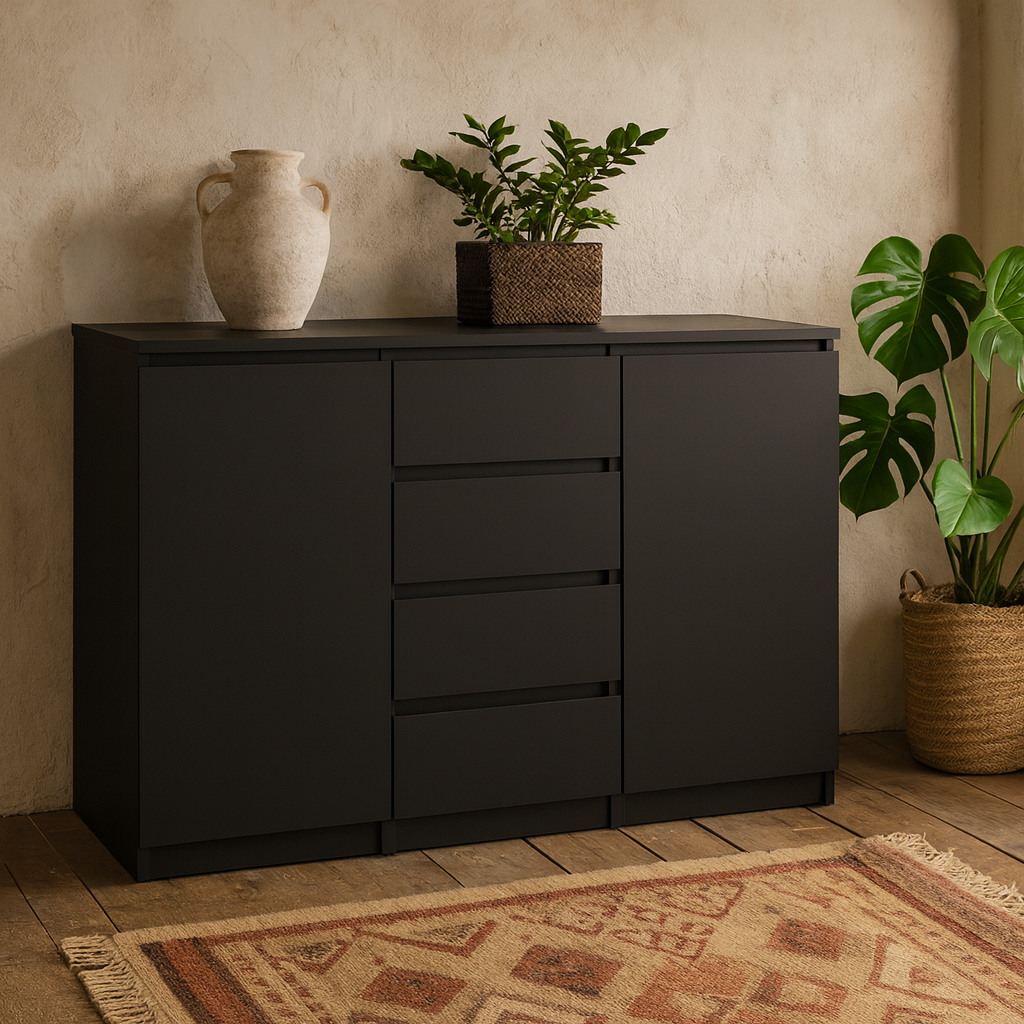 Budapest Matt Black Wooden Sideboard 4 Drawers 2 Doors