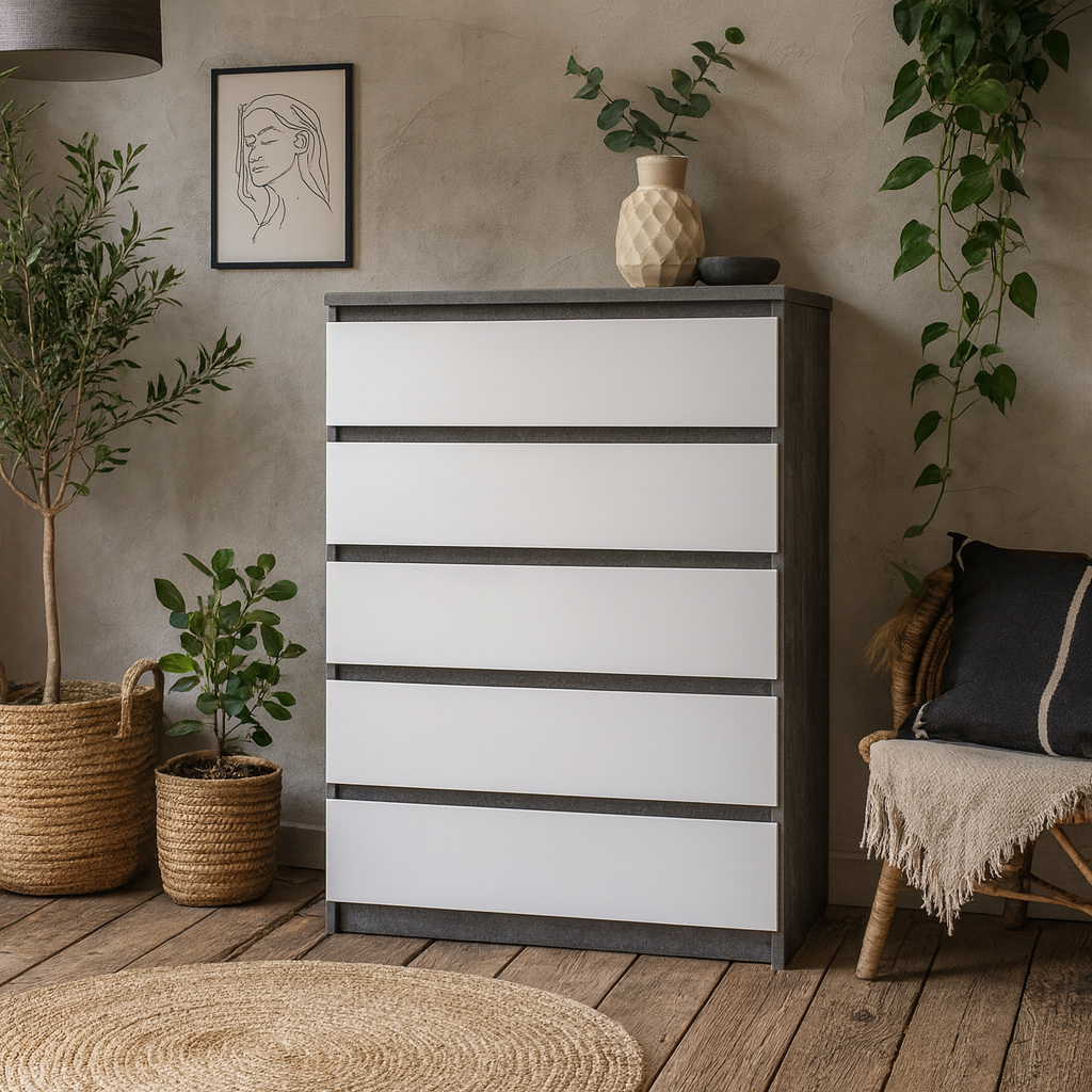 Budapest Tall Concrete Effect and White Wooden Chest of 5 Drawers