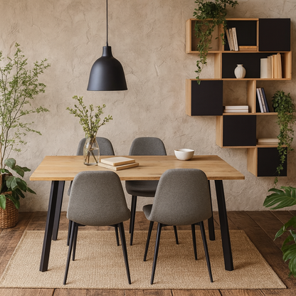 Wellington Dining Set Natural Oak Effect and Black Dining Table + 4 Light Grey Dining Chairs