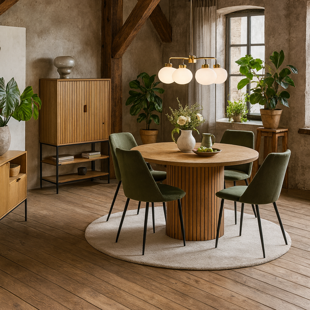 Rome Dining Set Round Wild Oak Effect Dining Table + 4 Olive Green Fabric Dining Chairs