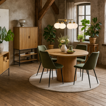 Rome Dining Set Round Wild Oak Effect Dining Table + 4 Olive Green Fabric Dining Chairs