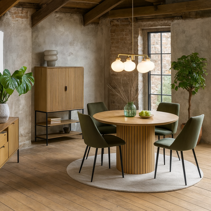 Rome Dining Set Round Wild Oak Effect Dining Table + 4 Olive Green Fabric Dining Chairs