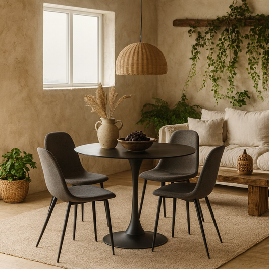 Mombasa Black Ceramic Round Dining Table + 4 Dining Chair in Light Grey