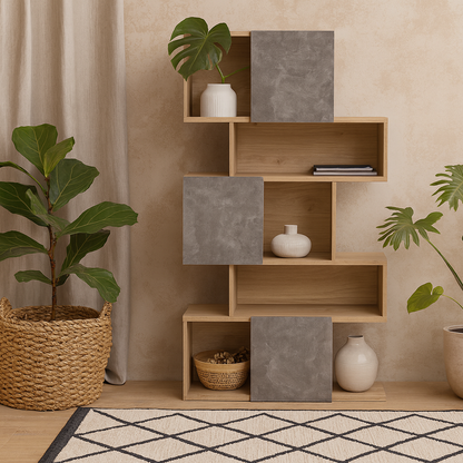 Taichung Hickory Wood Effect and Concrete Effect Asymmetrical Bookcase 5 Shelves