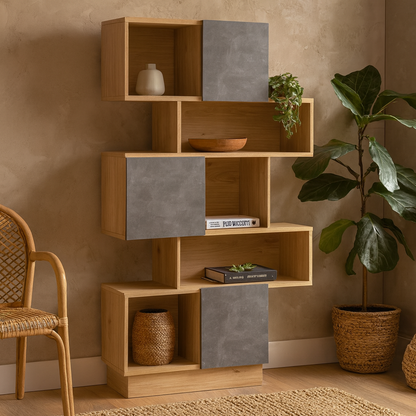 Taichung Hickory Wood Effect and Concrete Effect Asymmetrical Bookcase 5 Shelves