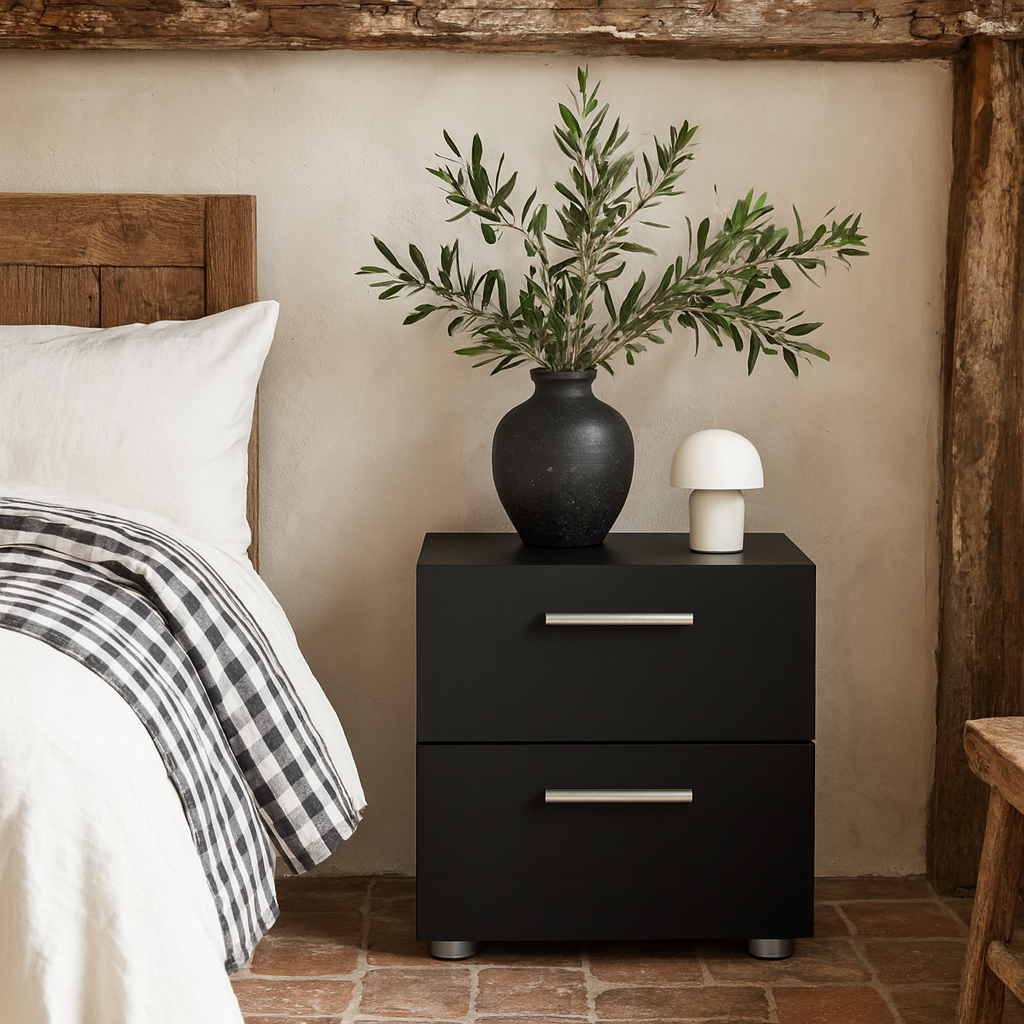 Daejeon Black Wooden Bedside Table 2 Drawers