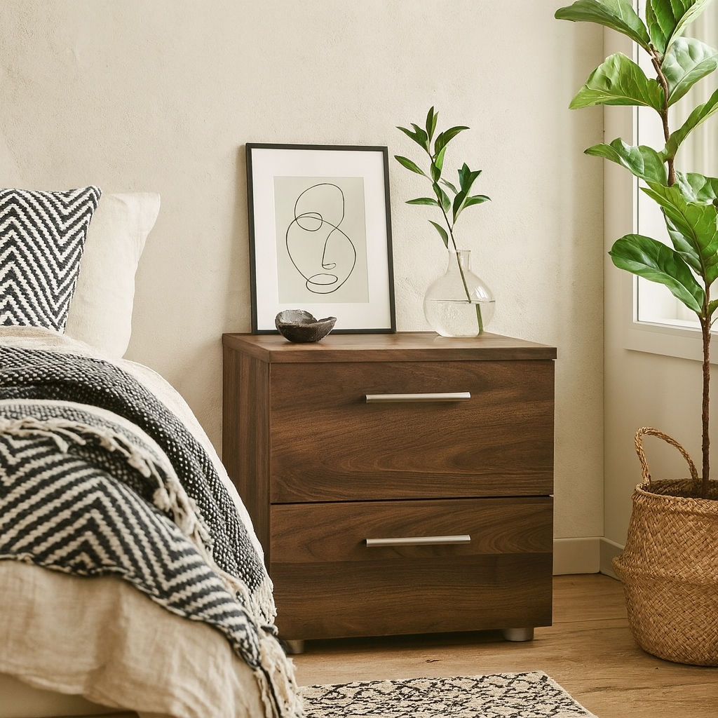 Daejeon Walnut Wood Effect Bedside Table 2 Drawers