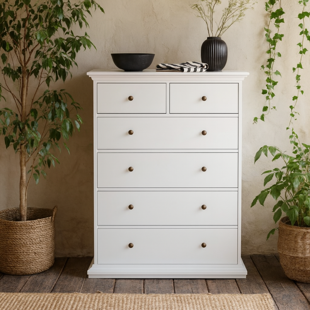 Osaka Tall Farmhouse White Wooden Chest 6 Drawers