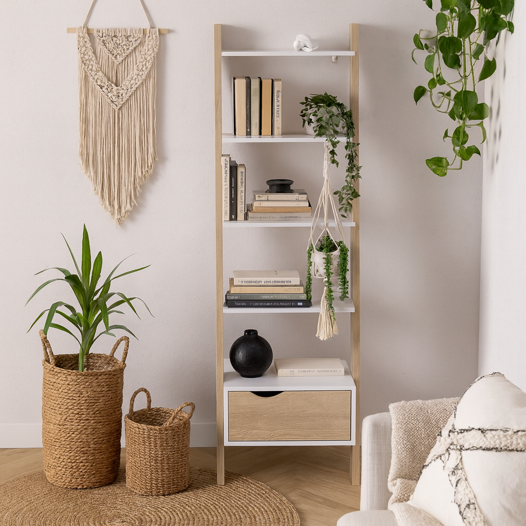 Sapporo White and Natural Oak Leaning Bookcase 1 Drawer 4 Shelves