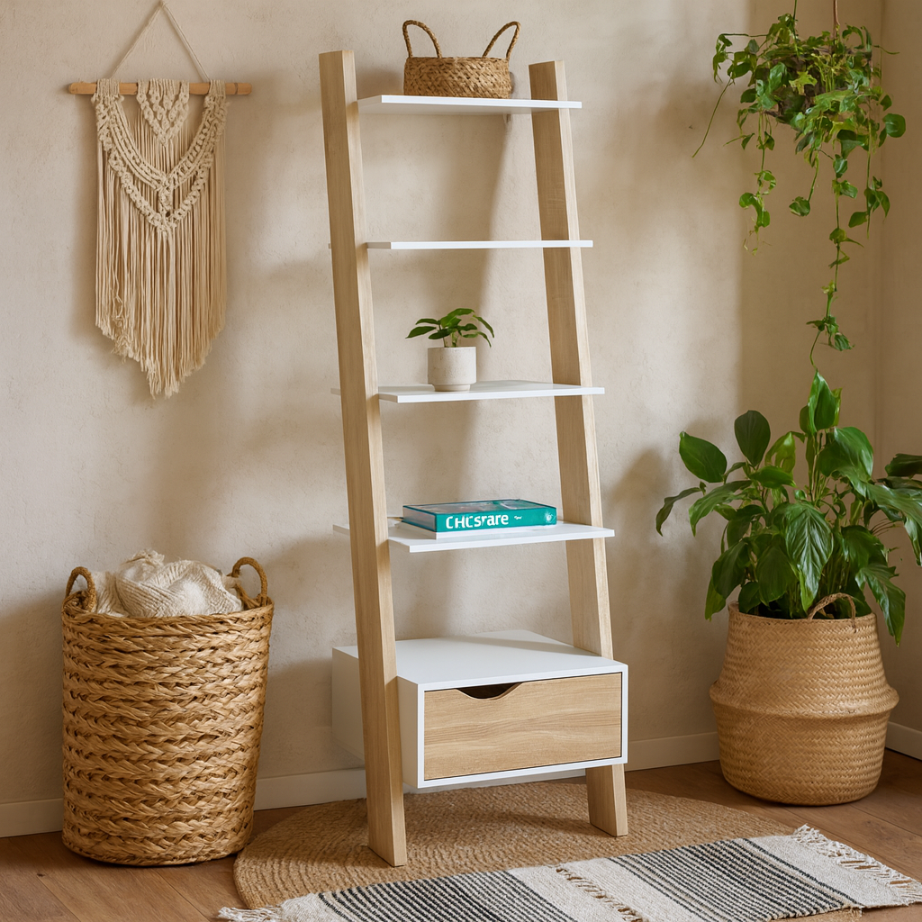 Sapporo White and Natural Oak Leaning Bookcase 1 Drawer 4 Shelves