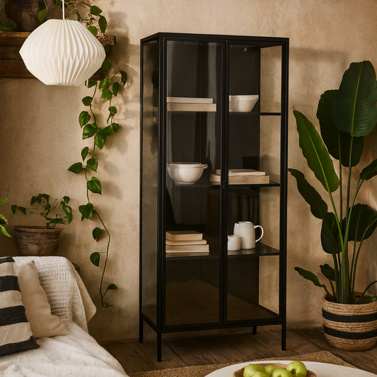 Graz Matt Black Metal Tall Display Cabinet 2 Doors