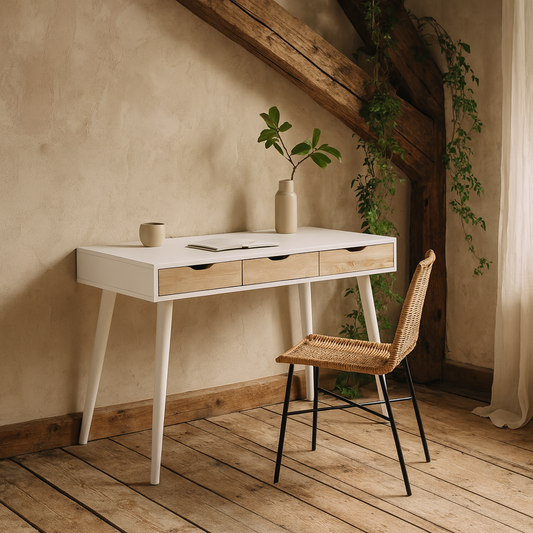 Dresden White and Natural Sonoma Wood Office Desk 3 Drawers